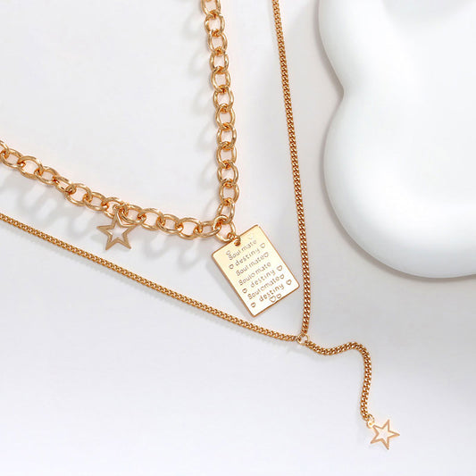 Square Lettering Pendant Double Layer Star Necklace for Women