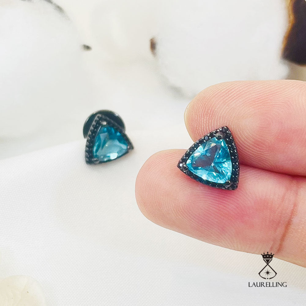 Black Gold Triangle Blue Stone Halo Stud Earrings