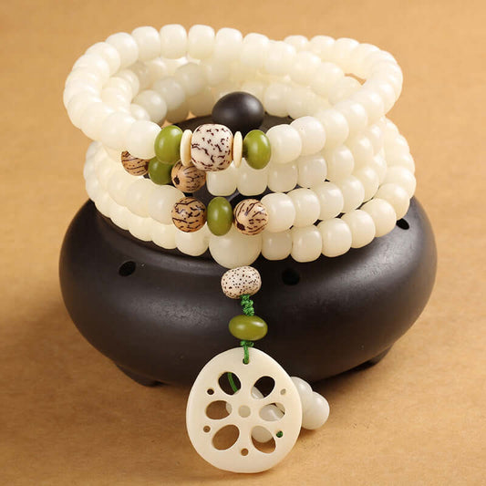 White Bodhi Seed Mala 108 Beads Luck Bracelet