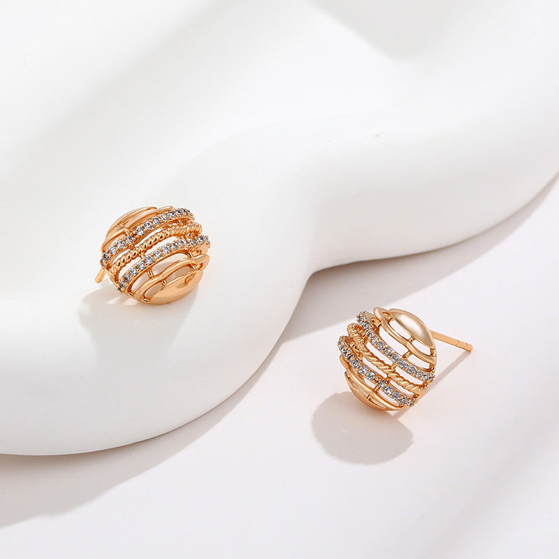 K Gold-plated Mesh Round Zirconium Stud Earrings
