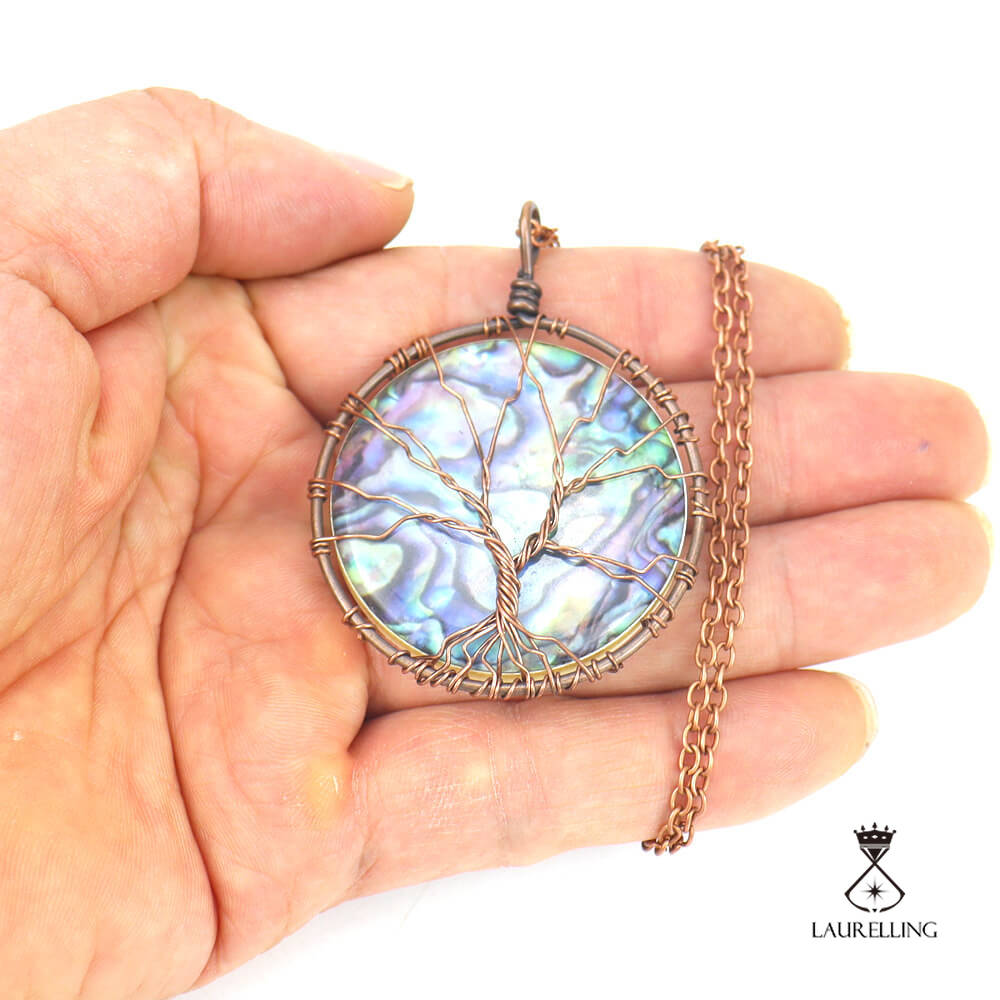Synthetic Abalone Shell Tree of Life Disc Pendant Necklace