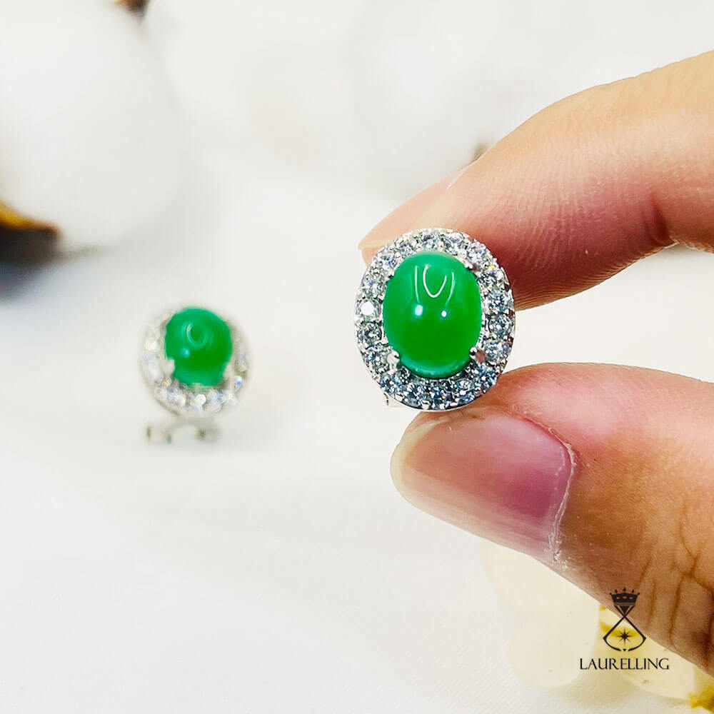 Halo Oval Green Stone Stud Earrings