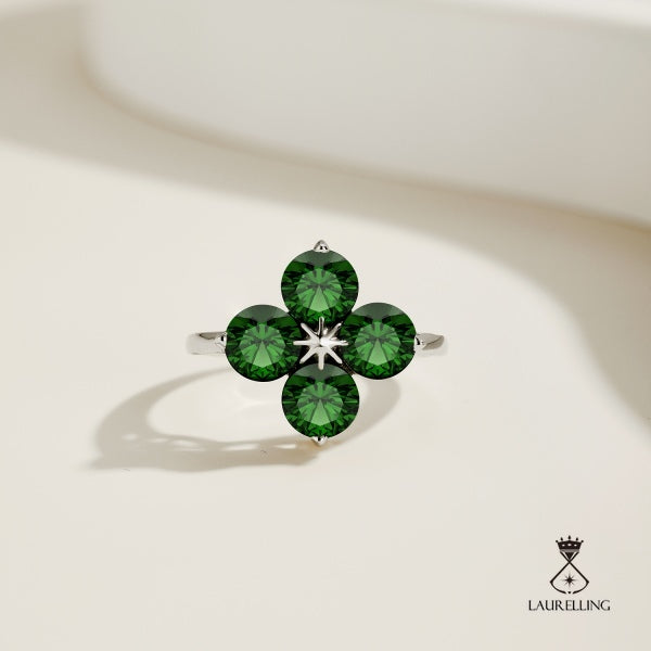 S925 Green Zircon Four-leaf Clover Octet Star Ring