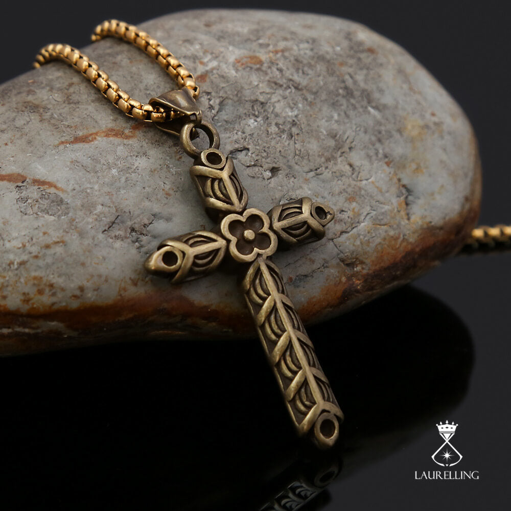 Vintage Stainless Steel Cross Flower Pendant Necklace