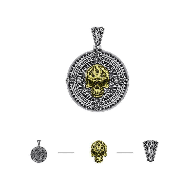 Round Golden Skull Pattern Sterling Silver Pendants Necklace