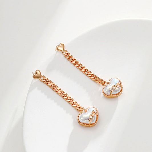 French Pearl Chain Tassel Long Heart Stud Earrings
