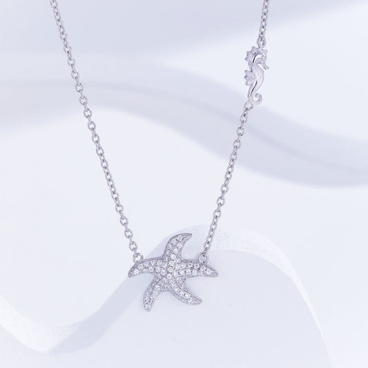 S925 Sterling Silver 18k White Gold Plated Starfish Pendant Necklace