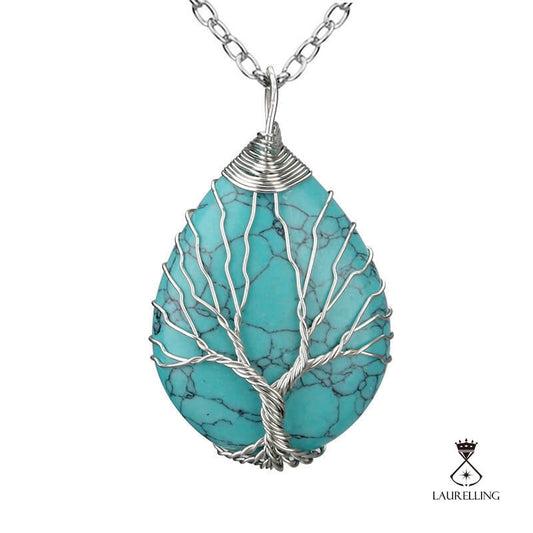 Wrapped Silk Tree of Life Turquoise Water Drop Necklace