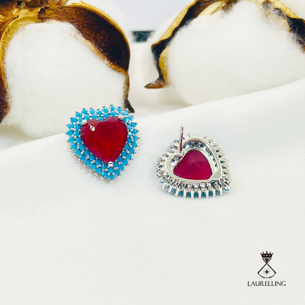 Halo Heart Shape Blue & Red Stones Stud Earrings