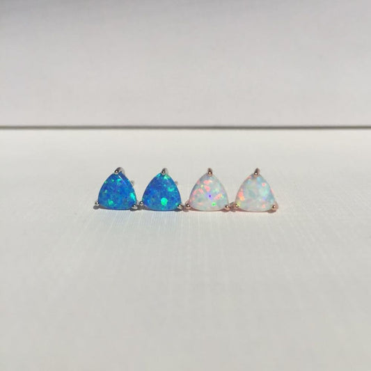Triangular Blue and White Faxul Opal Stud Earrings