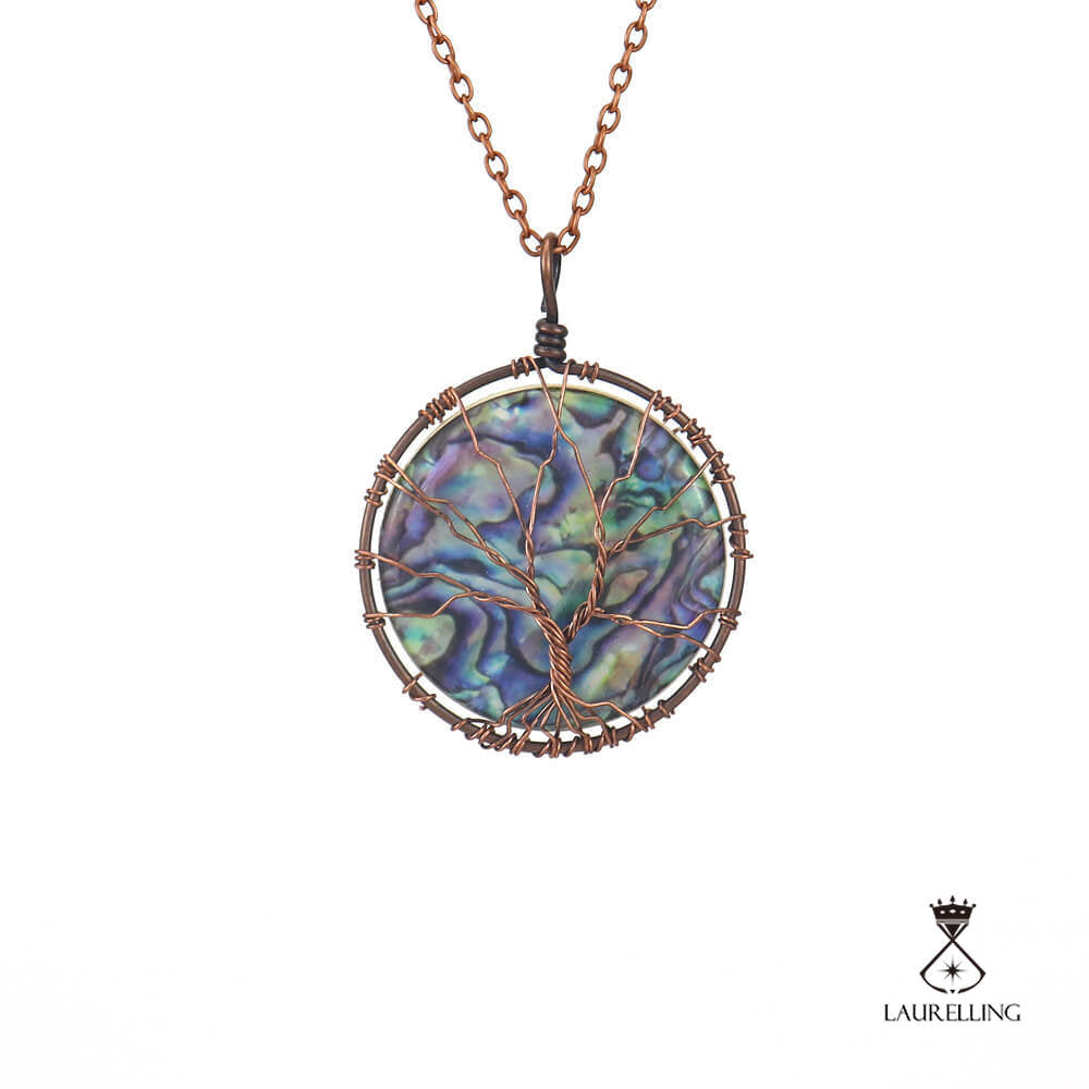 Synthetic Abalone Shell Tree of Life Disc Pendant Necklace