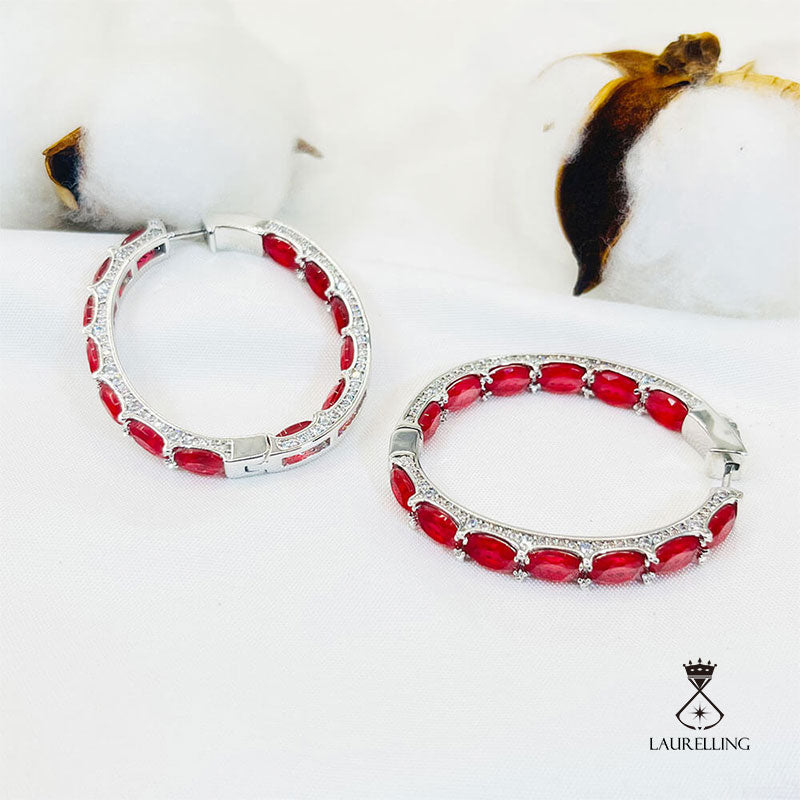 Full Oval Red Stones Two-sided Hoop Earrings