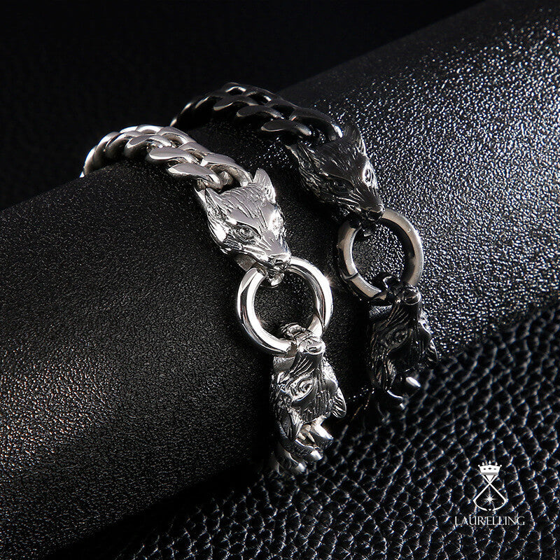 Titanium Steel Wolf Head Ring Buckle Bracelet