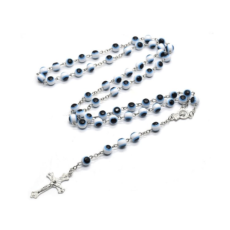 Black White Evil Eye Cross Pendant Rosary Necklace