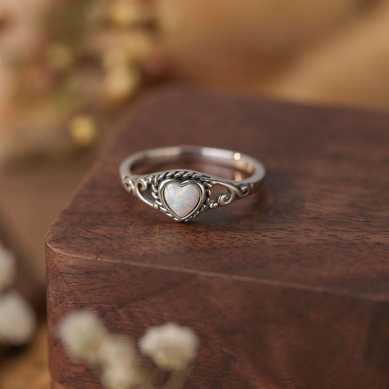 S925 Sterling Silver Heart-shaped Opal Ring with Zircon for Women