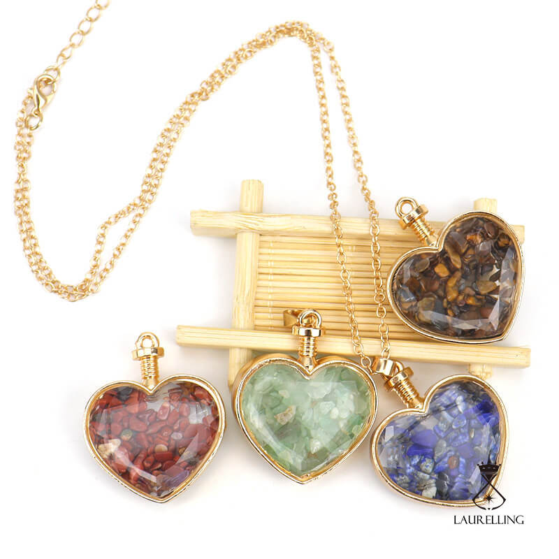 Crushed Stone Heart-shaped Glass Box Pendant Necklace