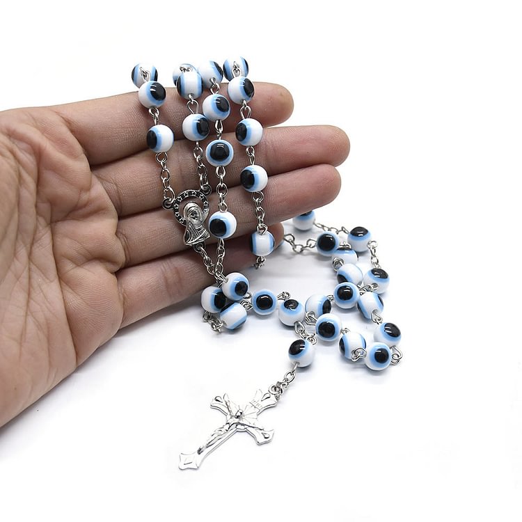 Black White Evil Eye Cross Pendant Rosary Necklace