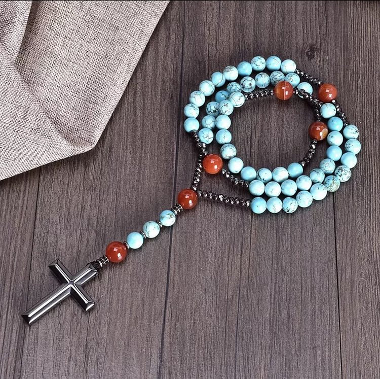 Cross Catholic Natural Stone Rosary Pendant Necklace