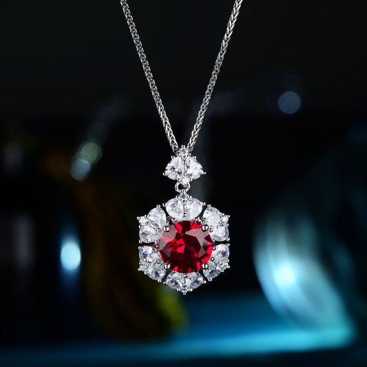 3.8ct Created Ruby 925 Sterling Silver 18k White Gold Plated Six Petal Flower Pendant Necklace
