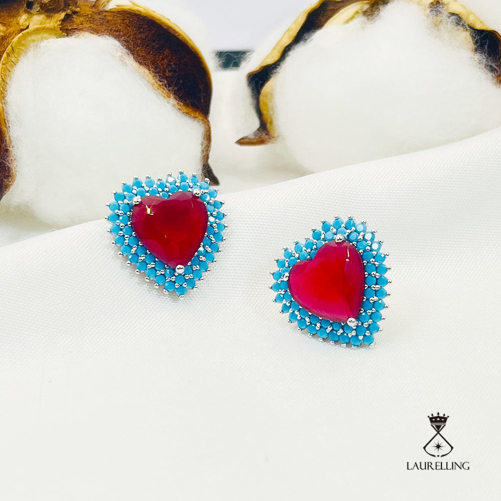 Halo Heart Shape Blue & Red Stones Stud Earrings