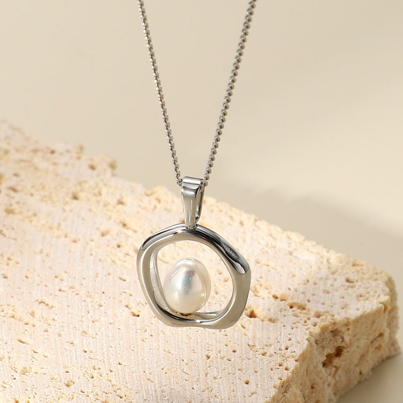 Titanium Steel Irregular Ring Pearl Pendant Necklace