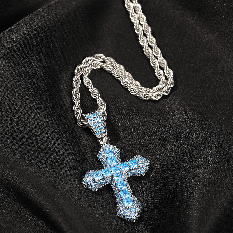 Hip Hop Cross Red Blue Pendant Necklace
