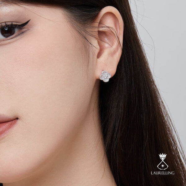 S925 Sterling Silver White Fritillary Four-leaf Clover Earrings