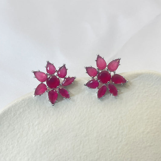 Seven Petal Pink Zircon Inlaid Stud Earrings