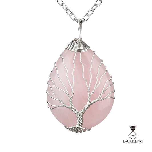 Wrap Silk Tree of Life Pink Crystal  Drop Necklace