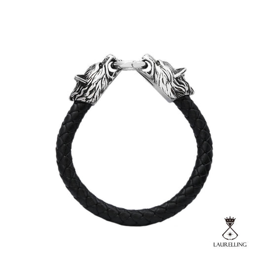 Viking Titanium Steel Wolf Head Leather Rope Bracelet