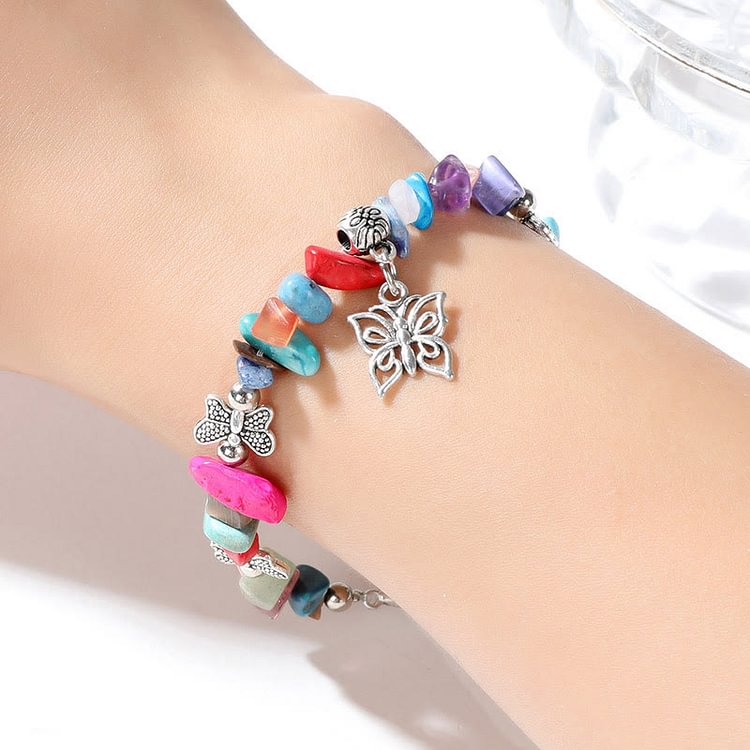 Colorful Crystal Rubble Butterfly Charm Bracelet