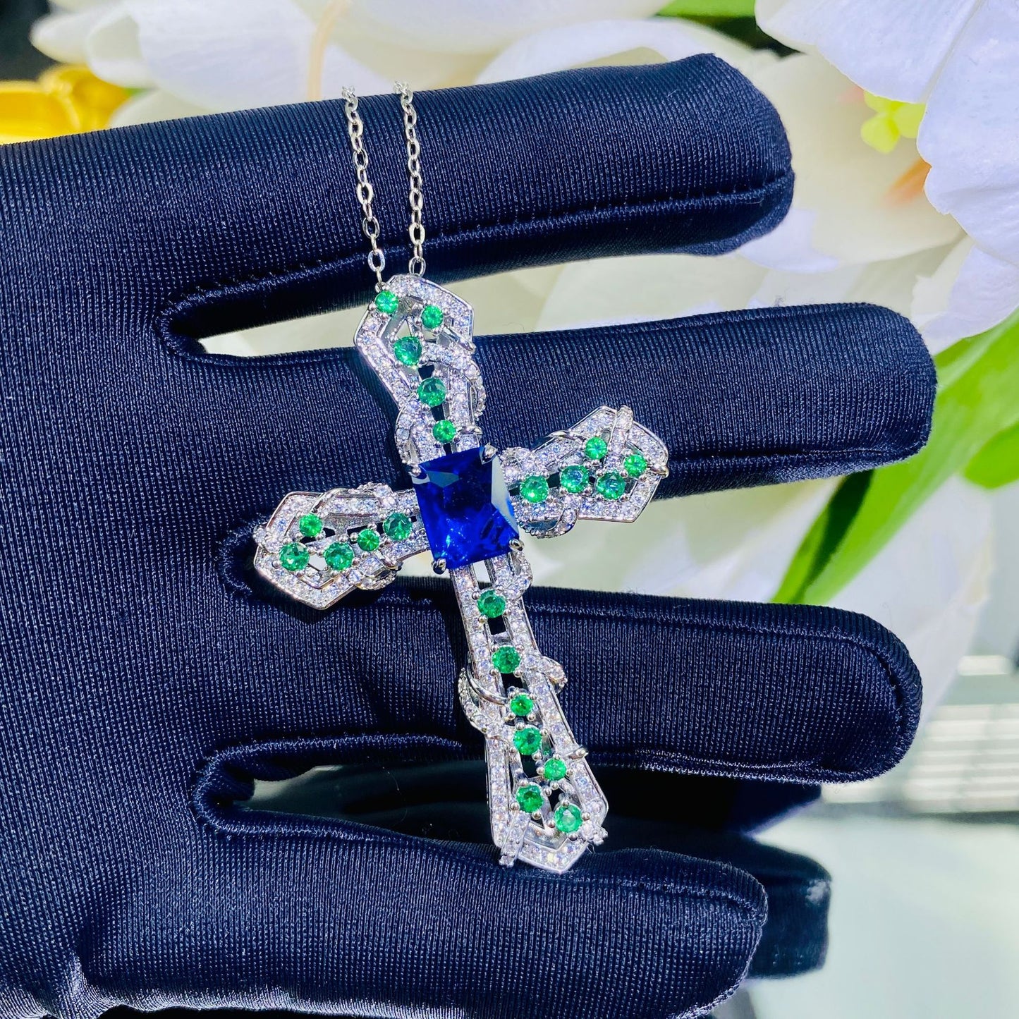 Royal Blue Sapphire Cross Pendant Necklace
