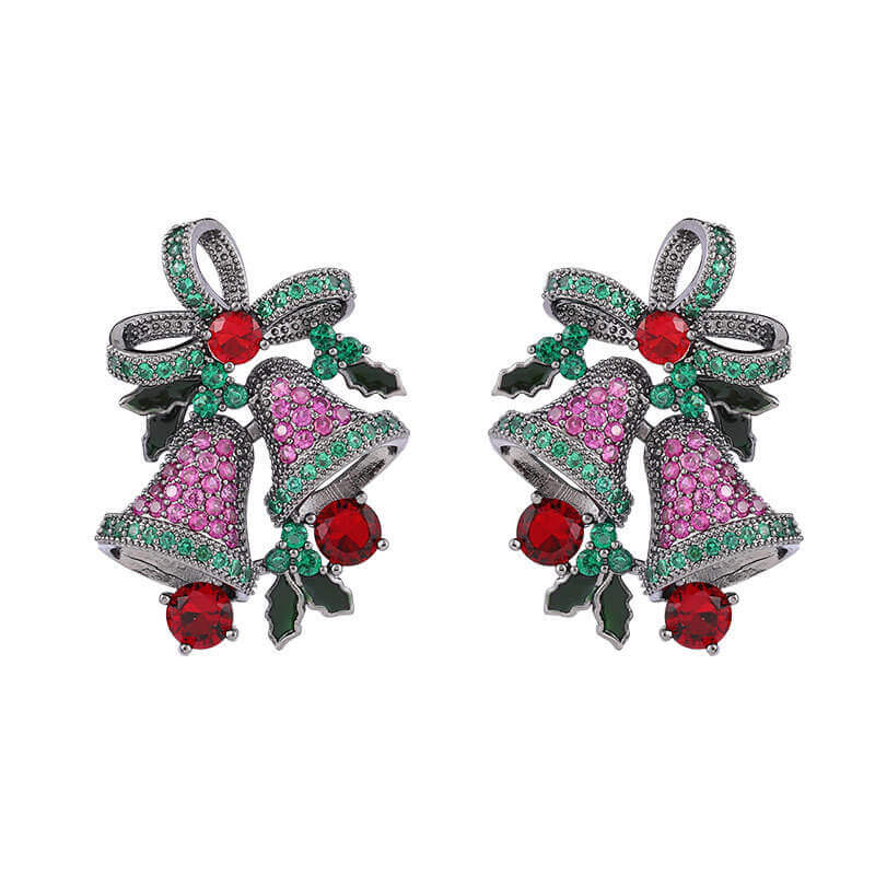 Christmas Gift Bell Earrings Streamer Ribbon Bow Zircon Silver Stud Earrings