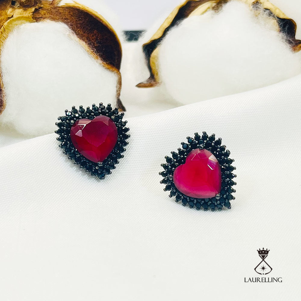 Halo Heart Shape Black & Red Stones Stud Earrings