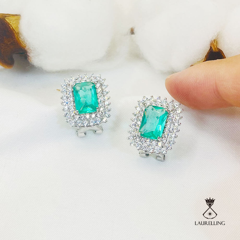 Square Shape Full Light Green Stones Halo Stud Earrings