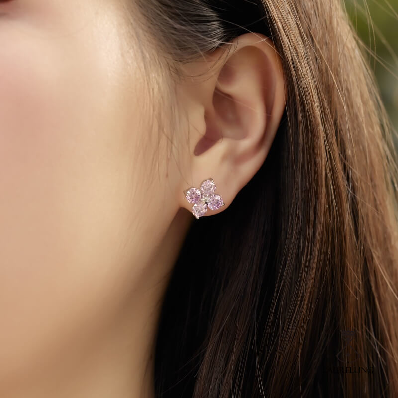 S925 Sterling Silver Four-leaf Clover Octet Star Pink Zircon Earrings