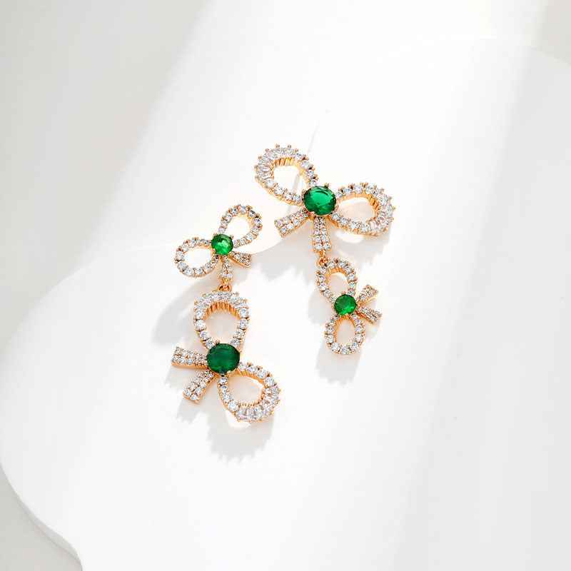 Palace Retro Bow Imitation Emerald Stud Earrings
