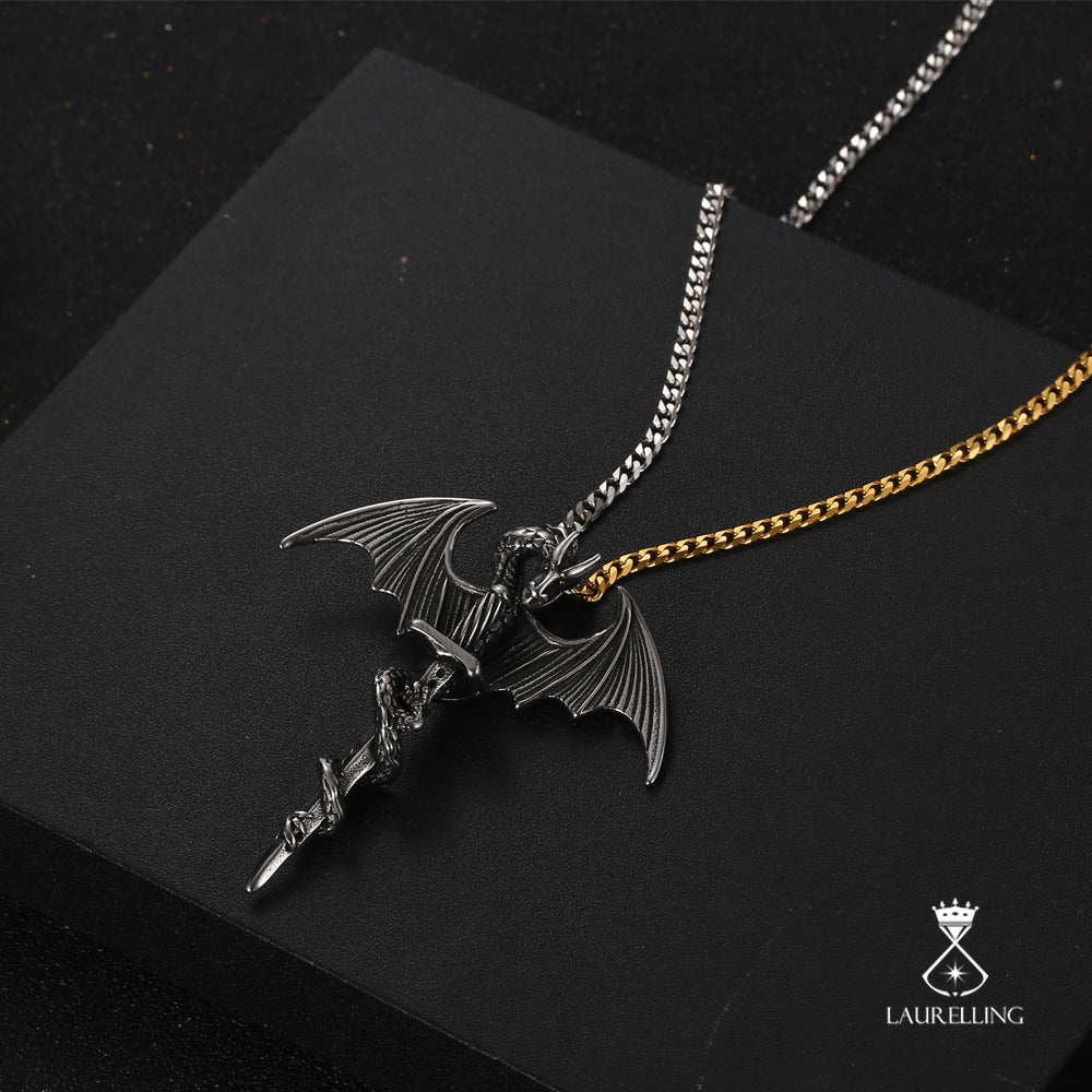 Titanium Steel Wing Dragon Sword Pendant Necklace
