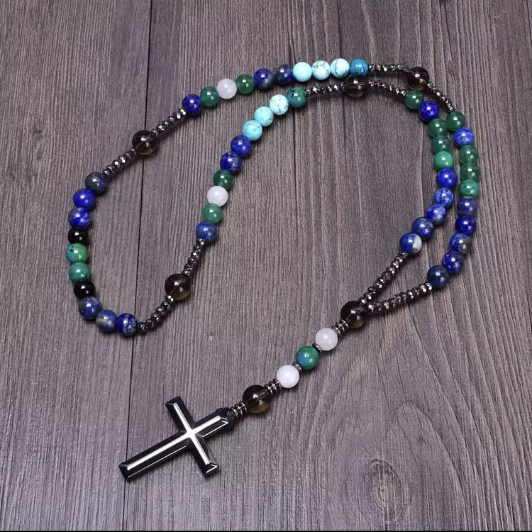 Cross Catholic Natural Stone Rosary Pendant Necklace
