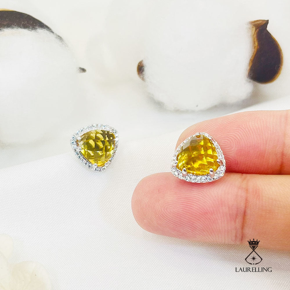 Color Triangle Yellow Stone Halo Stud Earrings