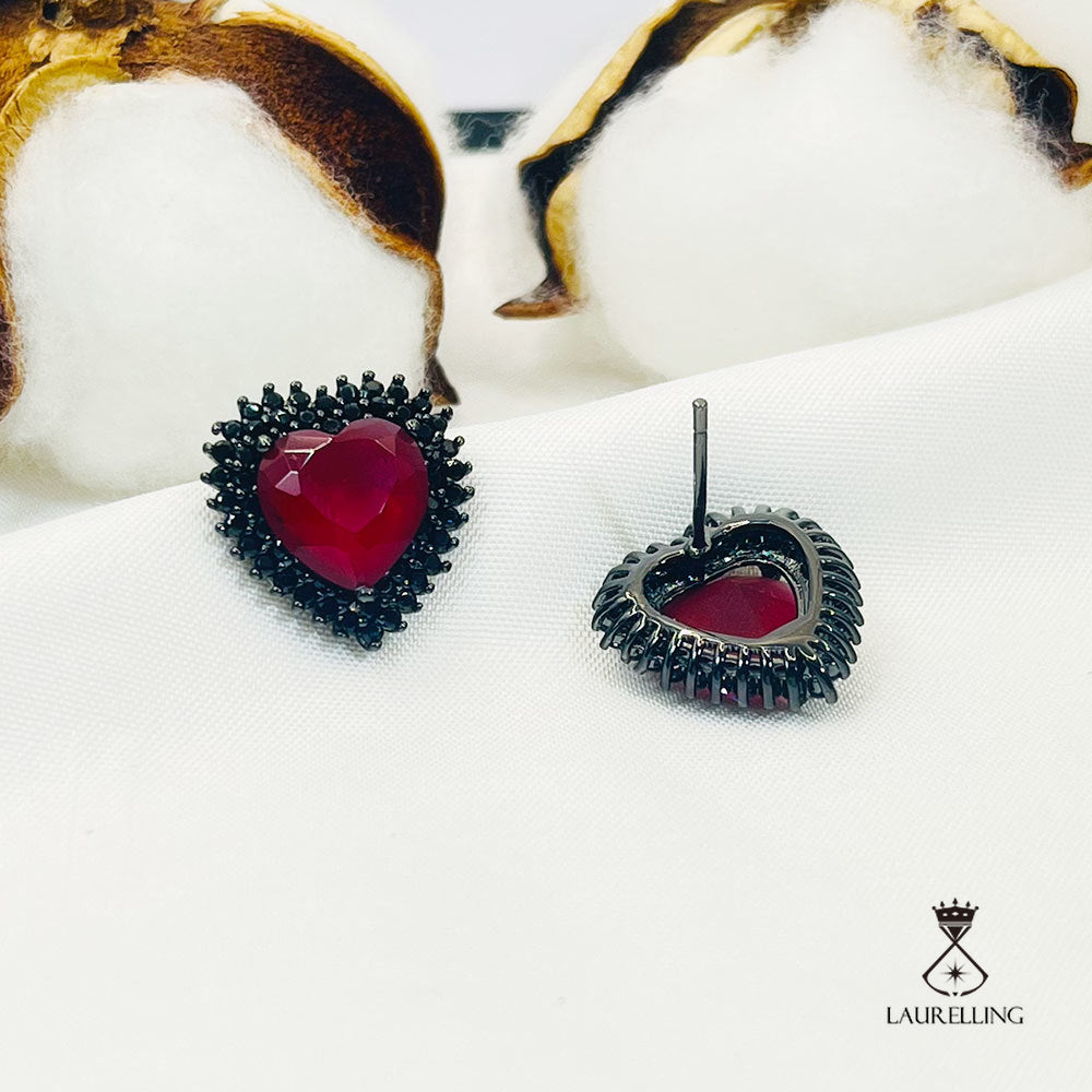 Halo Heart Shape Black & Red Stones Stud Earrings