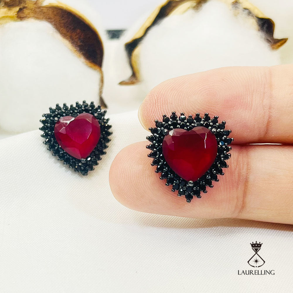 Halo Heart Shape Black & Red Stones Stud Earrings