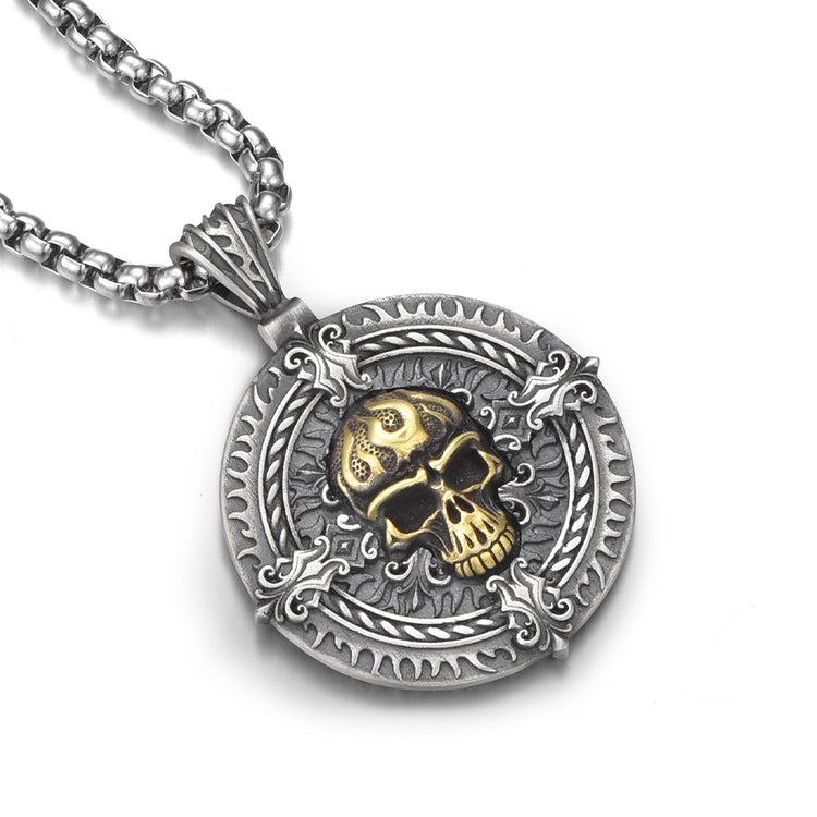 Round Golden Skull Pattern Sterling Silver Pendants Necklace