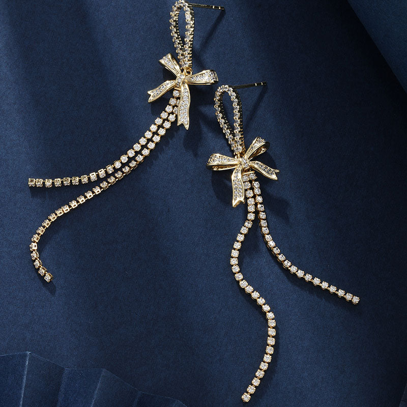Vintage Long Tassel Bow Inlaid Zircon Stud Earrings