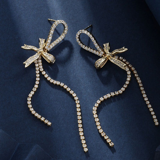Vintage Long Tassel Bow Inlaid Zircon Stud Earrings
