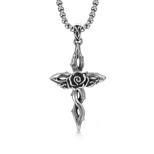 Sterling Silver Vintage Cross Rose Pendants Necklace