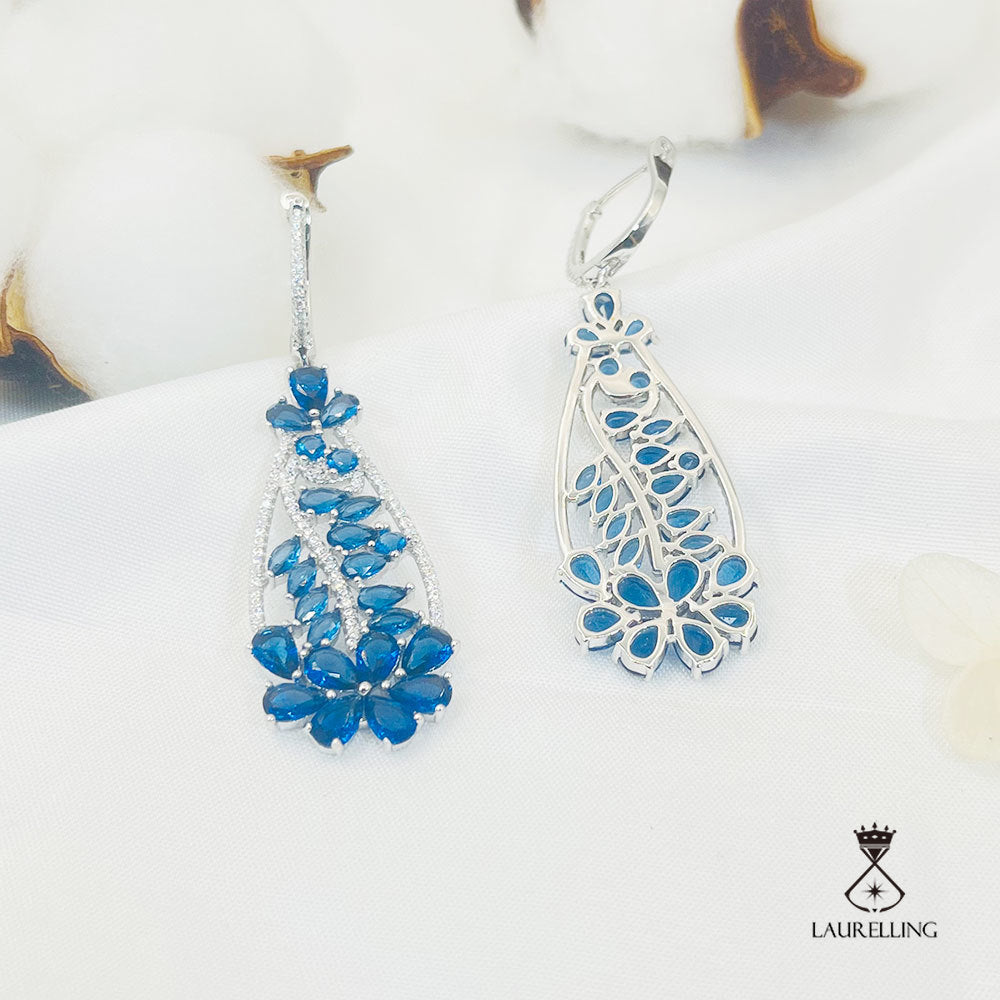 Blue Stone Hollow Leaf & Flower Pendant Dangle Earrings