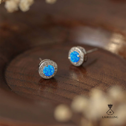 Simple S925 Sterling Silver Blue Opal Stud Earrings