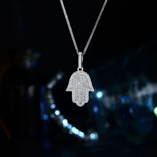 S925 Sterling Silver 18k White Gold Plated Palm Shape Full Zircon Pendant Necklace