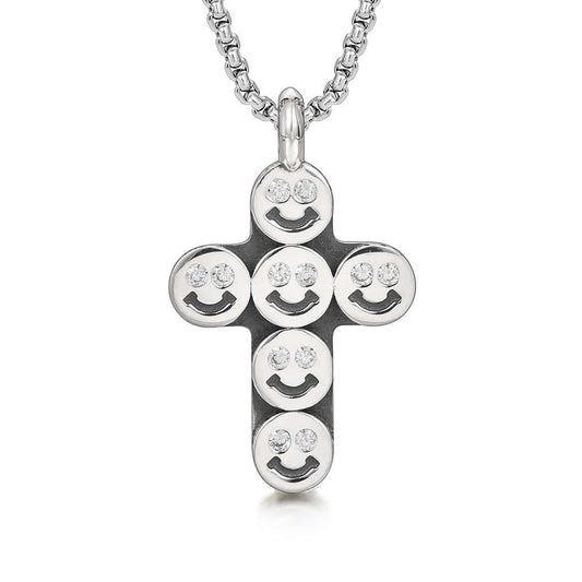 Round Smiling Face Sterling Silver Cross Pendants Necklace